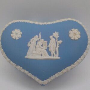 A Vintage WEDGWOOD Light blue Jasperware Heart Shaped Boxes with Lid Trinket Box